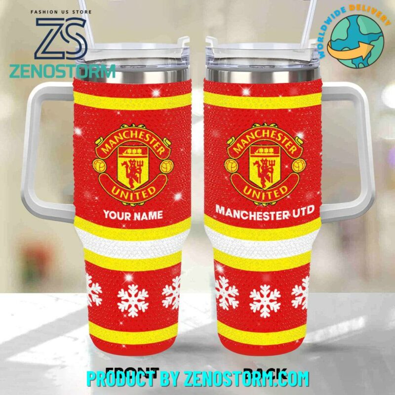 Rhinestone Bling Manchester United EPL Custom Stanley Quencher 40oz Stainless Steel Tumbler With Handle - Threewoofs