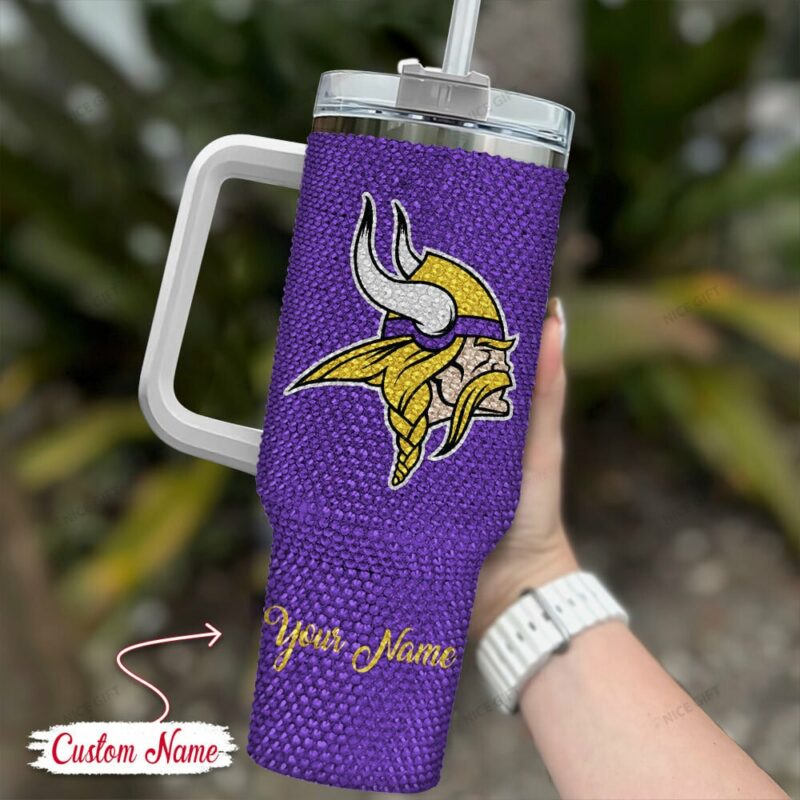 Rhinestone Bling Minnesota Vikings NFL Sports Custom Stanley Quencher 40oz Stainless Steel Tumbler With Handle - Threewoofs - Image 2