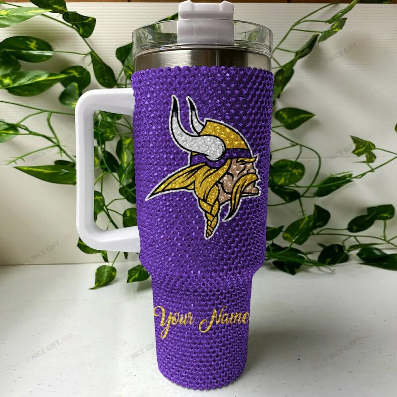 Rhinestone Bling Minnesota Vikings NFL Sports Custom Stanley Quencher 40oz Stainless Steel Tumbler With Handle - Threewoofs - Image 4