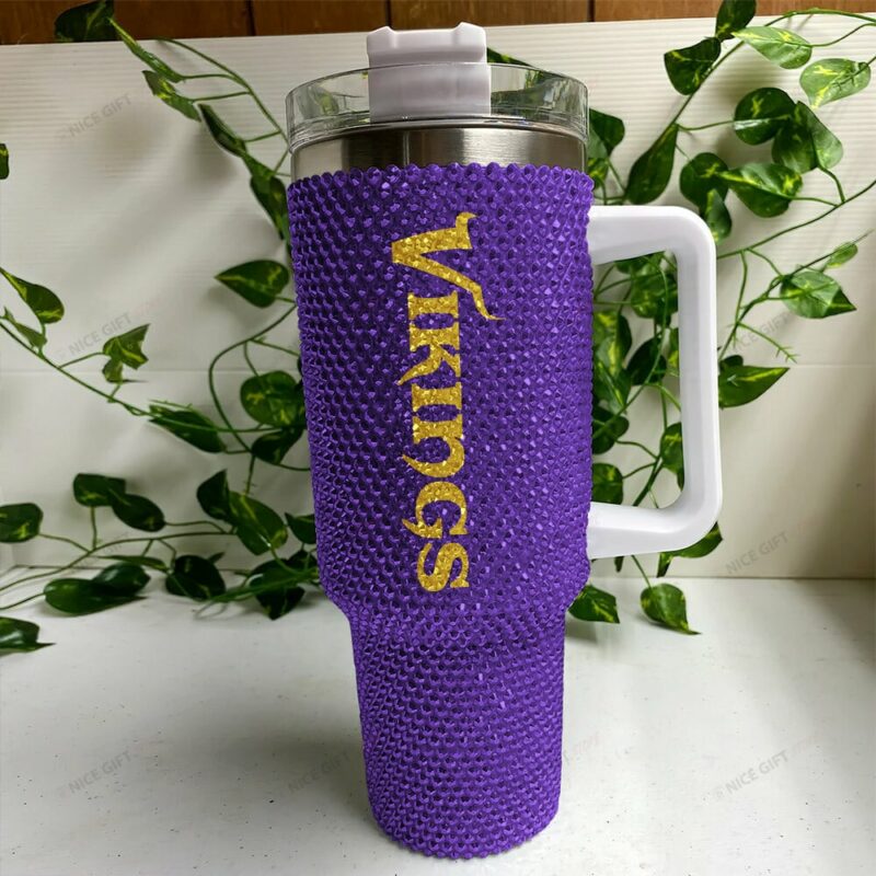 Rhinestone Bling Minnesota Vikings NFL Sports Custom Stanley Quencher 40oz Stainless Steel Tumbler With Handle - Threewoofs - Image 3