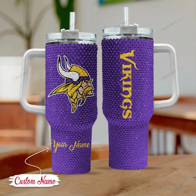 Rhinestone Bling Minnesota Vikings NFL Sports Custom Stanley Quencher 40oz Stainless Steel Tumbler With Handle - Threewoofs