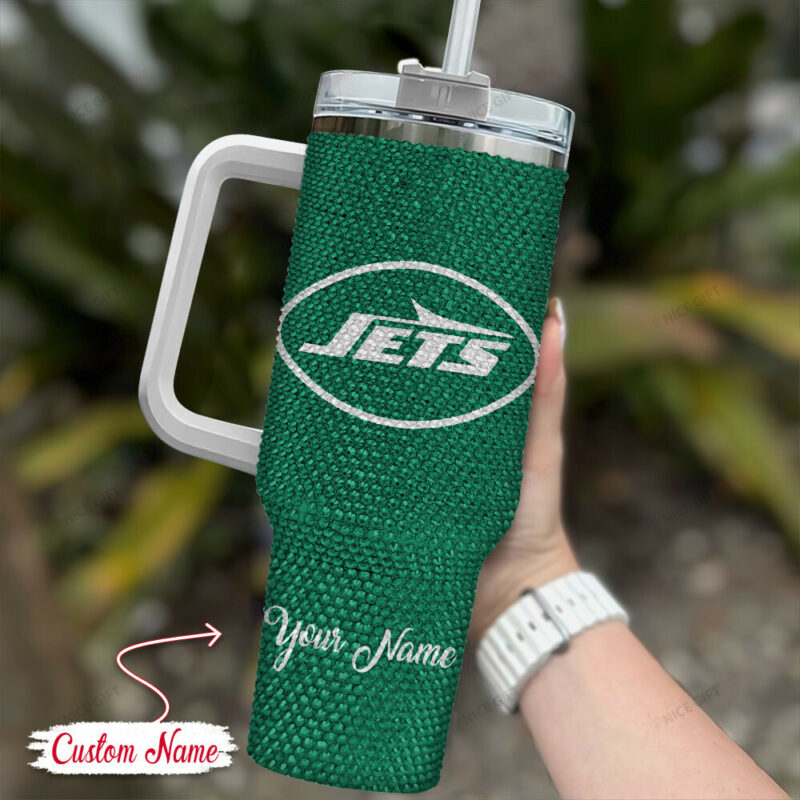 Rhinestone Bling New York Jets NFL Sports Custom Stanley Quencher 40oz Stainless Steel Tumbler With Handle - Threewoofs - Image 2