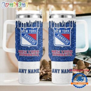 Rhinestone Bling New York Rangers NHL Sports Custom Stanley Quencher 40oz Stainless Steel Tumbler With Handle - Threewoofs
