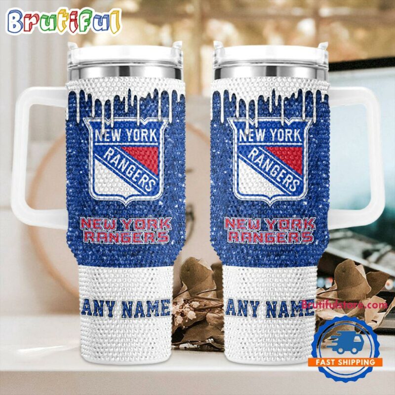 Rhinestone Bling New York Rangers NHL Sports Custom Stanley Quencher 40oz Stainless Steel Tumbler With Handle - Threewoofs