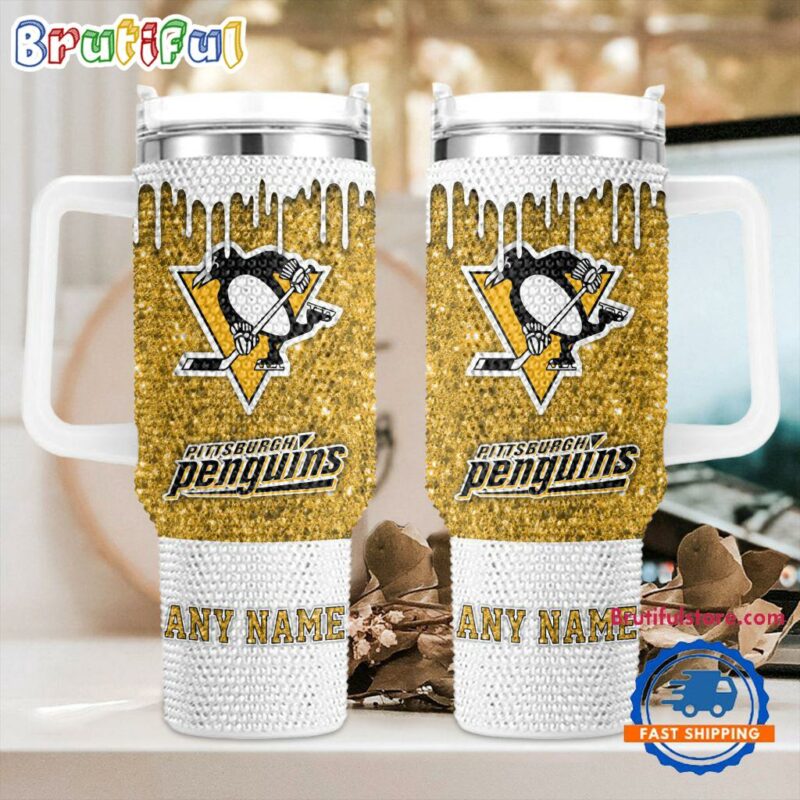 Rhinestone Bling Pittsburgh Penguins NHL Sports Custom Stanley Quencher 40oz Stainless Steel Tumbler With Handle - Threewoofs