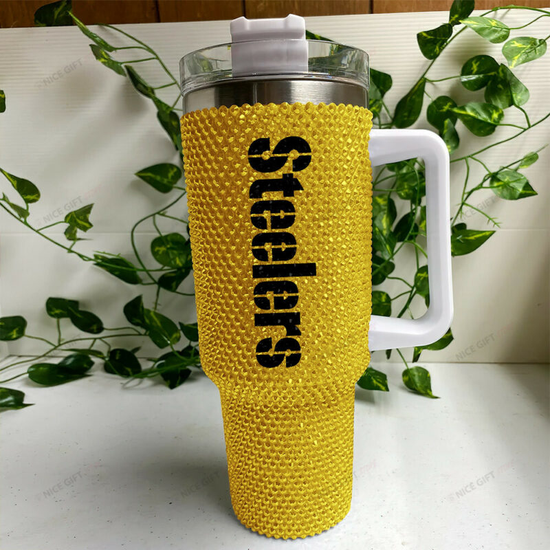 Rhinestone Bling Pittsburgh Steelers NFL Sports Custom Stanley Quencher 40oz Stainless Steel Tumbler With Handle - Threewoofs - Image 3