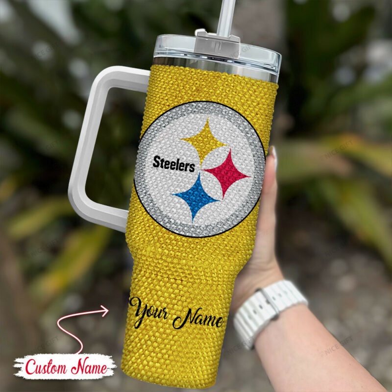 Rhinestone Bling Pittsburgh Steelers NFL Sports Custom Stanley Quencher 40oz Stainless Steel Tumbler With Handle - Threewoofs - Image 2