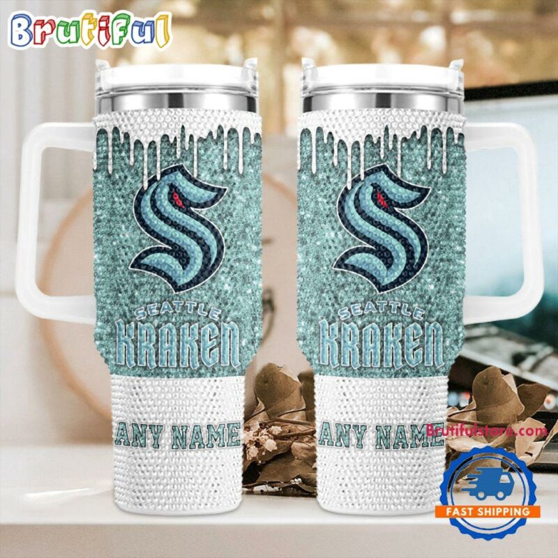 Rhinestone Bling Seattle Kraken NHL Sports Custom Stanley Quencher 40oz Stainless Steel Tumbler With Handle - Threewoofs