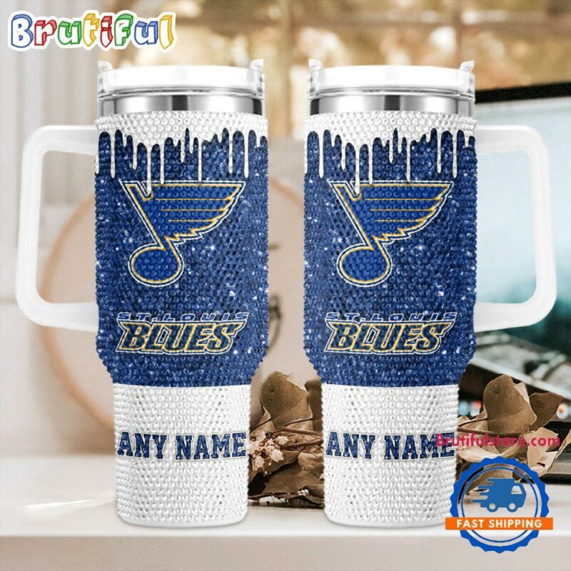 Rhinestone Bling St. Louis Blues NHL Sports Custom Stanley Quencher 40oz Stainless Steel Tumbler With Handle - Threewoofs