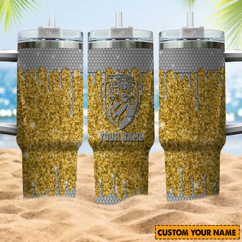 Richmond Tigers AFL Sports Glitter Custom Stanley Quencher 40oz Stainless Steel Tumbler With Handle - Threewoofs - Image 4