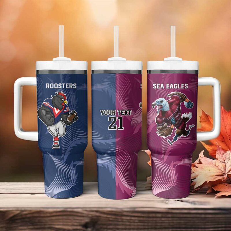 Roosters-Sea Eagles Rugby Half Grunge Style Custom Stanley Quencher 40oz Stainless Steel Tumbler With Handle - Threewoofs