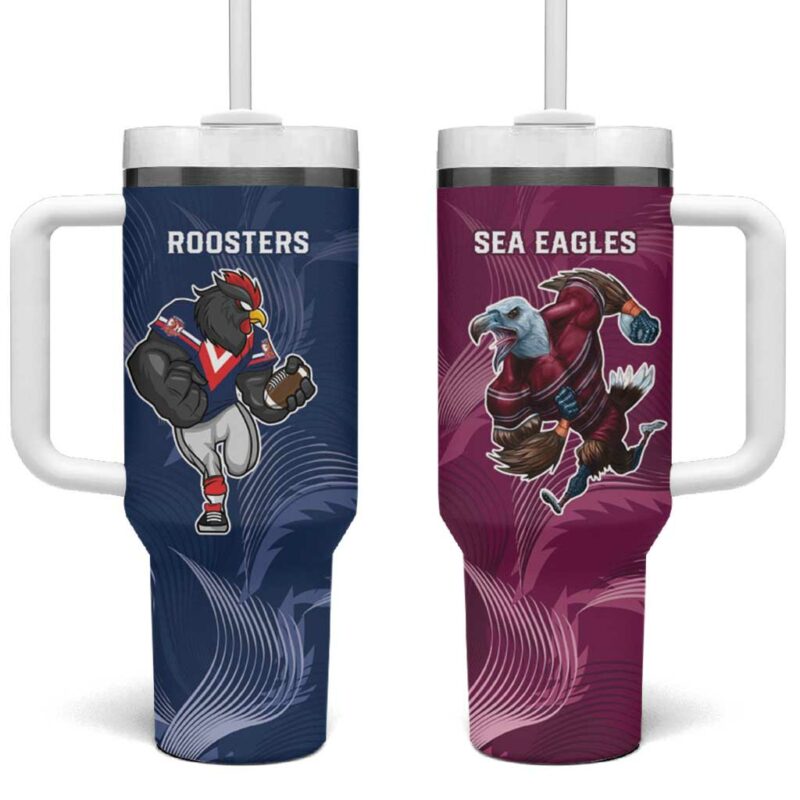 Roosters-Sea Eagles Rugby Half Grunge Style Custom Stanley Quencher 40oz Stainless Steel Tumbler With Handle - Threewoofs - Image 2