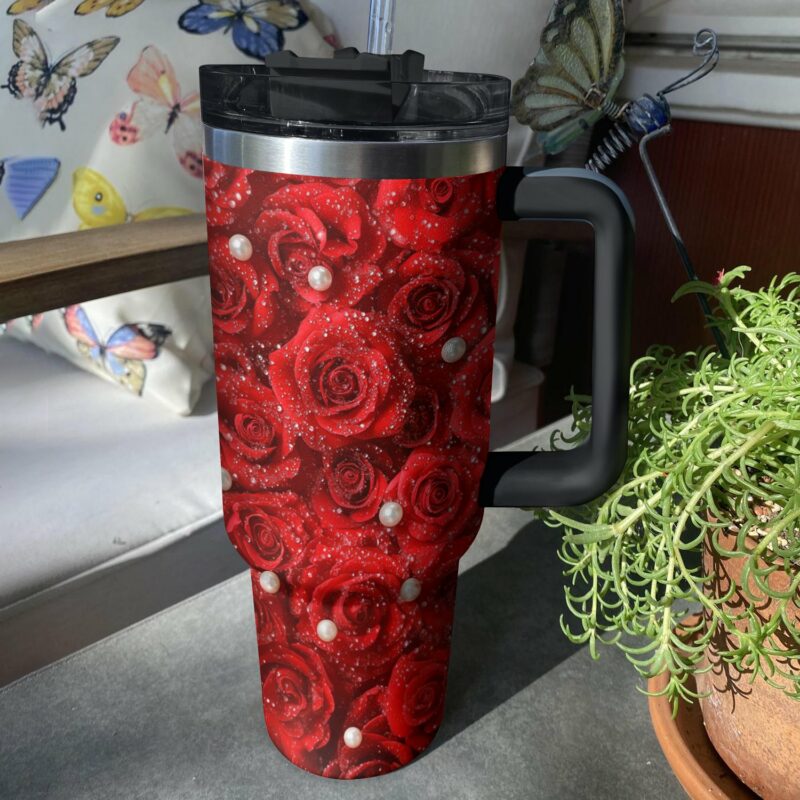 Rose Flower Custom Stanley Quencher 40oz Stainless Steel Tumbler With Handle - Threewoofs - Image 3