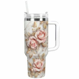 Rose Flower Custom Stanley Quencher 40oz Stainless Steel Tumbler With Handle - Threewoofs