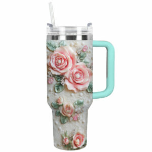 Rose Flower Custom Stanley Quencher 40oz Stainless Steel Tumbler With Handle - Threewoofs