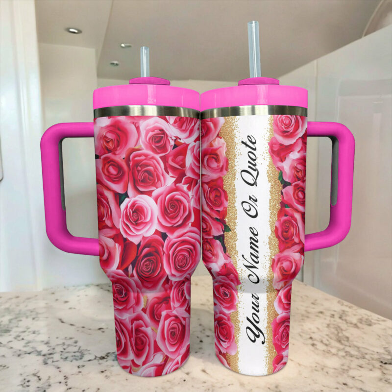 Rose Flower Custom Stanley Quencher 40oz Stainless Steel Tumbler With Handle - Threewoofs - Image 3