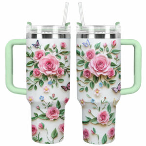 Rose Flower Custom Stanley Quencher 40oz Stainless Steel Tumbler With Handle - Threewoofs