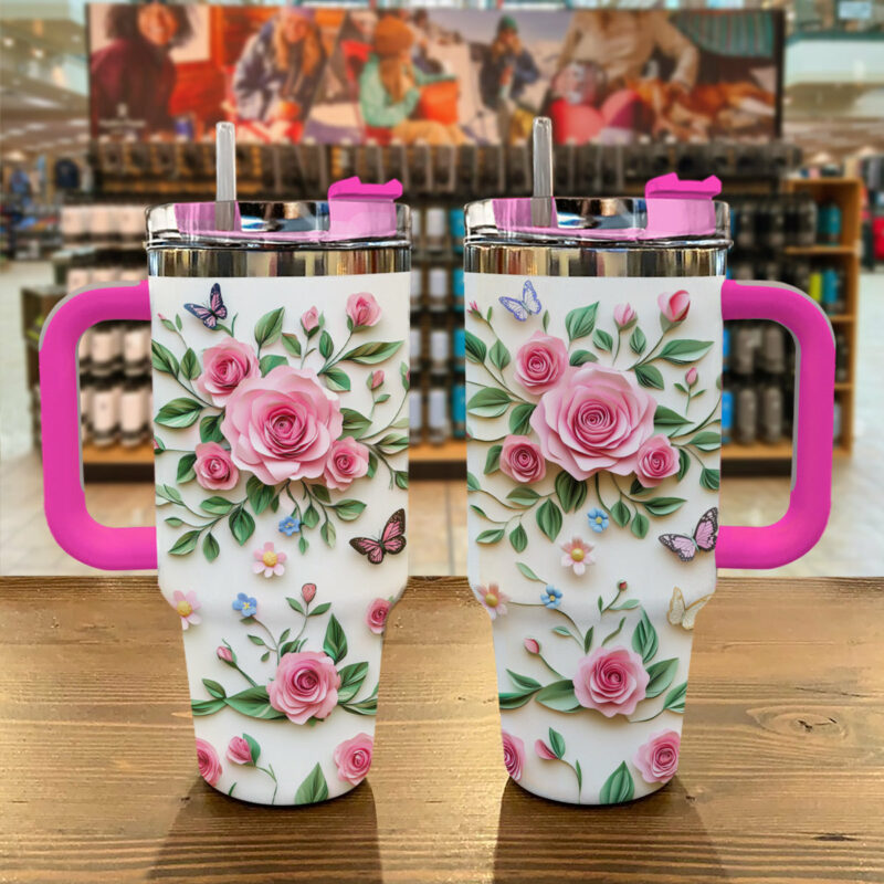 Rose Flower Custom Stanley Quencher 40oz Stainless Steel Tumbler With Handle - Threewoofs - Image 2