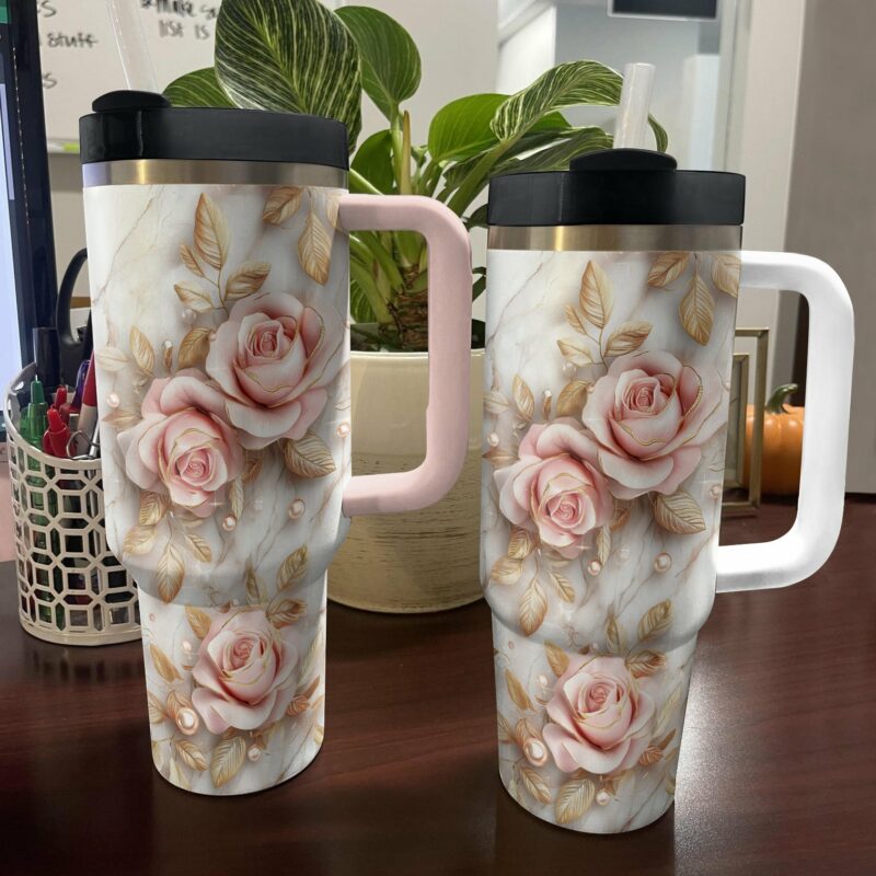 Rose Flower Custom Stanley Quencher 40oz Stainless Steel Tumbler With Handle - Threewoofs - Image 4