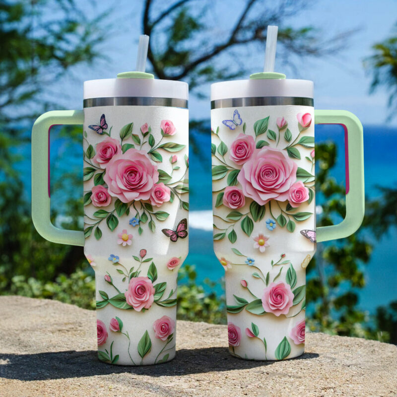 Rose Flower Custom Stanley Quencher 40oz Stainless Steel Tumbler With Handle - Threewoofs - Image 3