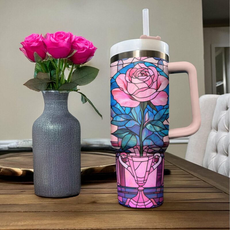 Rose Flower Custom Stanley Quencher 40oz Stainless Steel Tumbler With Handle - Threewoofs - Image 3