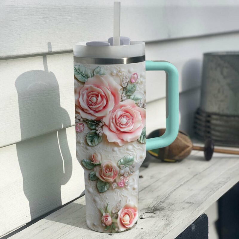 Rose Flower Custom Stanley Quencher 40oz Stainless Steel Tumbler With Handle - Threewoofs - Image 3