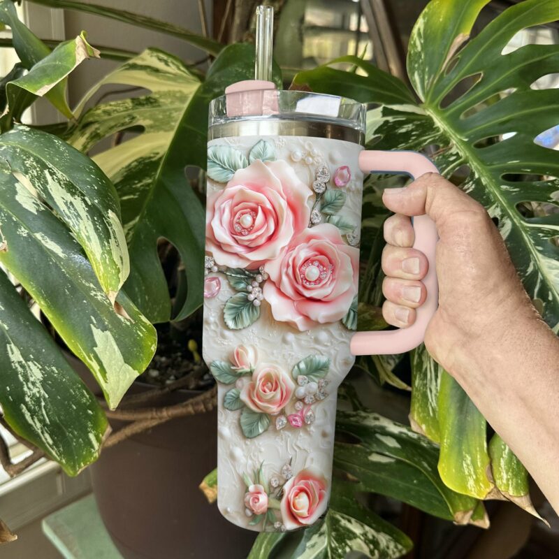 Rose Flower Custom Stanley Quencher 40oz Stainless Steel Tumbler With Handle - Threewoofs - Image 4