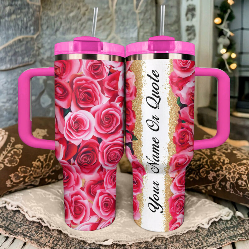 Rose Flower Custom Stanley Quencher 40oz Stainless Steel Tumbler With Handle - Threewoofs - Image 4