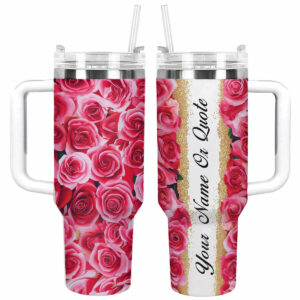 Rose Flower Custom Stanley Quencher 40oz Stainless Steel Tumbler With Handle - Threewoofs