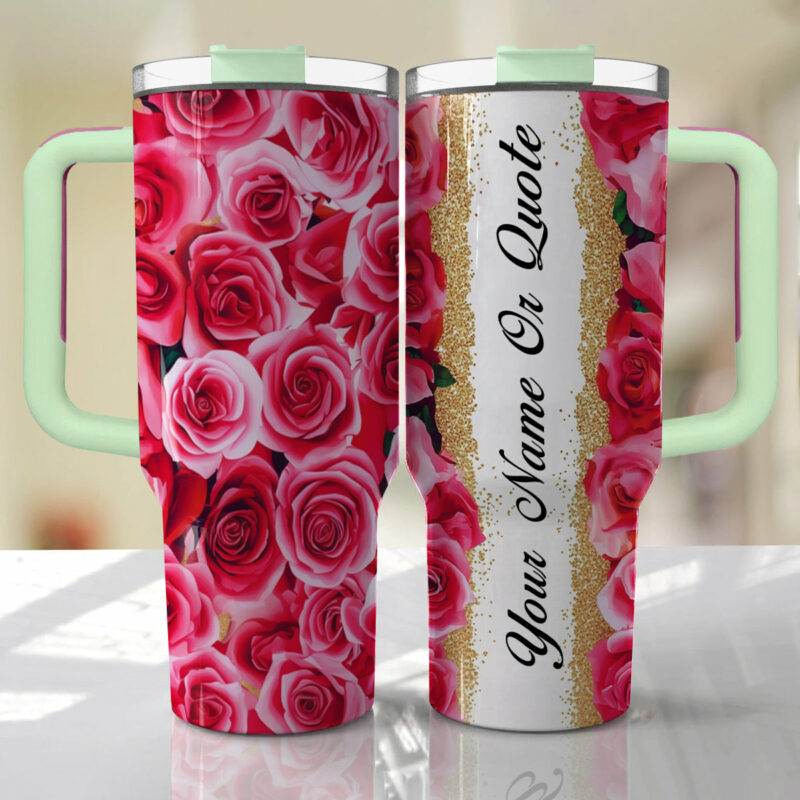 Rose Flower Custom Stanley Quencher 40oz Stainless Steel Tumbler With Handle - Threewoofs - Image 2