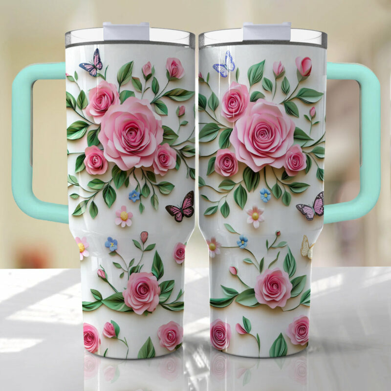 Rose Flower Custom Stanley Quencher 40oz Stainless Steel Tumbler With Handle - Threewoofs - Image 4