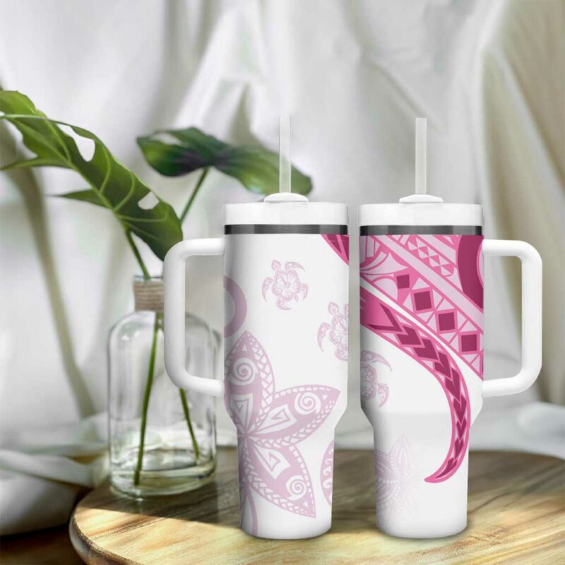 Rose Pink Polynesian Tribal Turtle Floral Custom Stanley Quencher 40oz Stainless Steel Tumbler With Handle - Threewoofs - Image 9