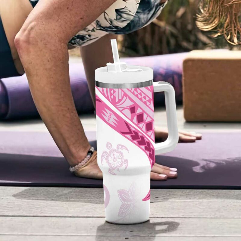 Rose Pink Polynesian Tribal Turtle Floral Custom Stanley Quencher 40oz Stainless Steel Tumbler With Handle - Threewoofs - Image 6