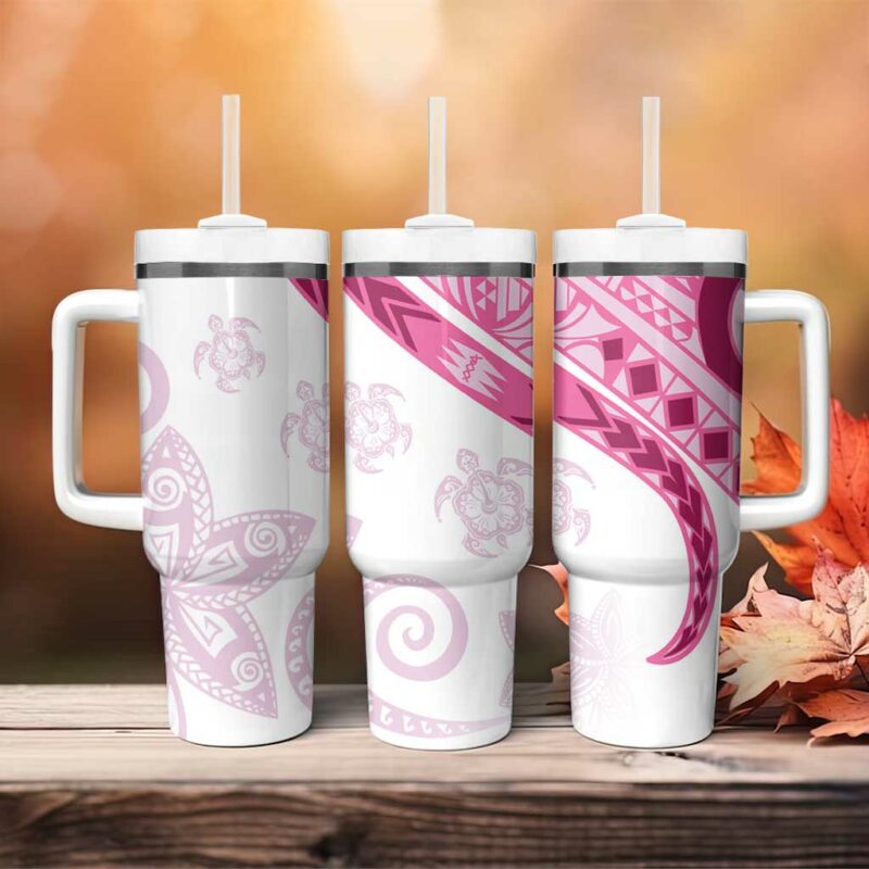Rose Pink Polynesian Tribal Turtle Floral Custom Stanley Quencher 40oz Stainless Steel Tumbler With Handle - Threewoofs - Image 4
