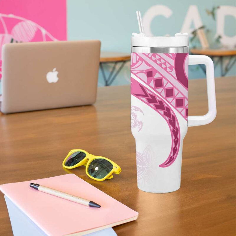 Rose Pink Polynesian Tribal Turtle Floral Custom Stanley Quencher 40oz Stainless Steel Tumbler With Handle - Threewoofs - Image 5