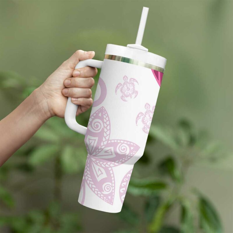 Rose Pink Polynesian Tribal Turtle Floral Custom Stanley Quencher 40oz Stainless Steel Tumbler With Handle - Threewoofs - Image 3