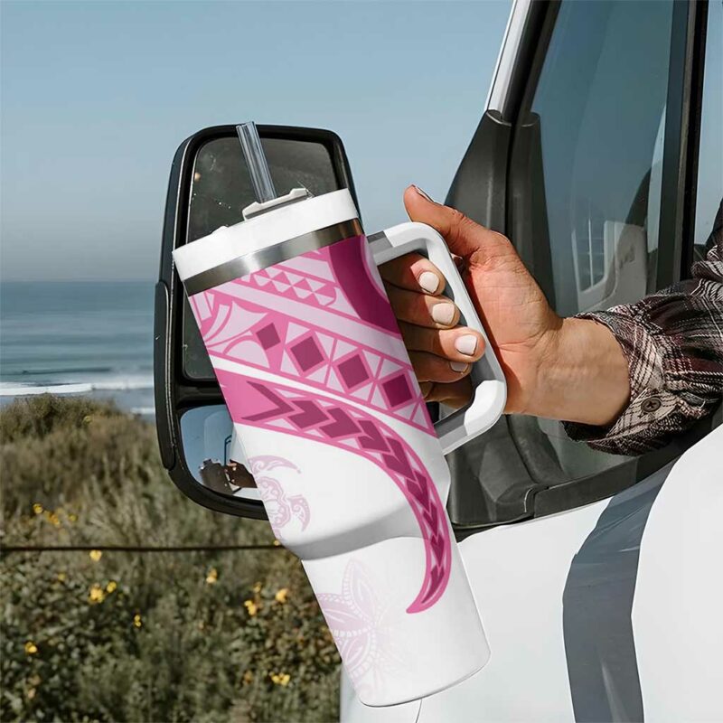 Rose Pink Polynesian Tribal Turtle Floral Custom Stanley Quencher 40oz Stainless Steel Tumbler With Handle - Threewoofs - Image 7