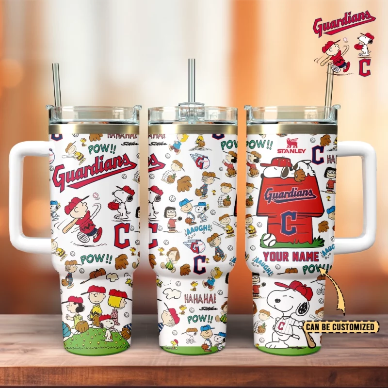 Cleveland Guardians x Peanuts MLB Sports Custom Stanley Quencher 40oz Stainless Steel Tumbler With Handle - Threewoofs