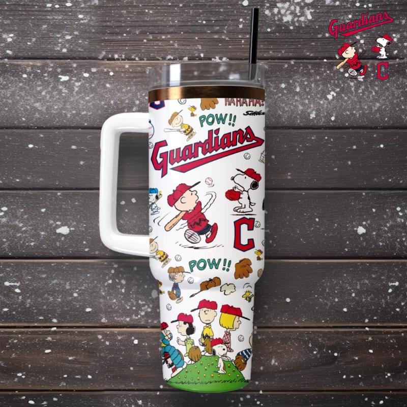 Cleveland Guardians x Peanuts MLB Sports Custom Stanley Quencher 40oz Stainless Steel Tumbler With Handle - Threewoofs - Image 4