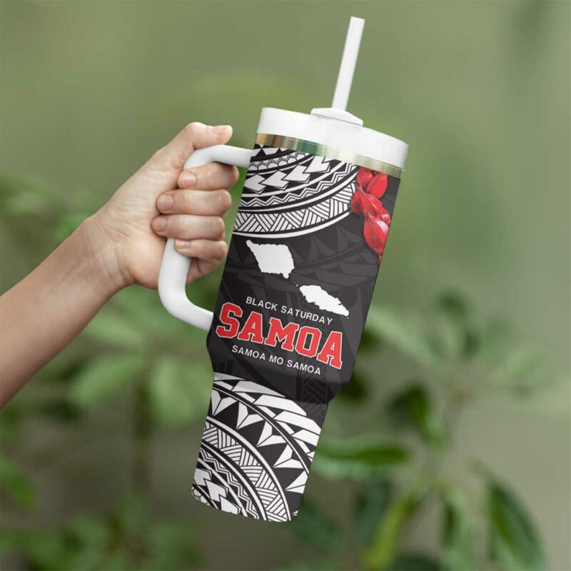 Samoa Black Saturday Samoa mo Samoa with Black Ula Fala Custom Stanley Quencher 40oz Stainless Steel Tumbler With Handle - Threewoofs - Image 3
