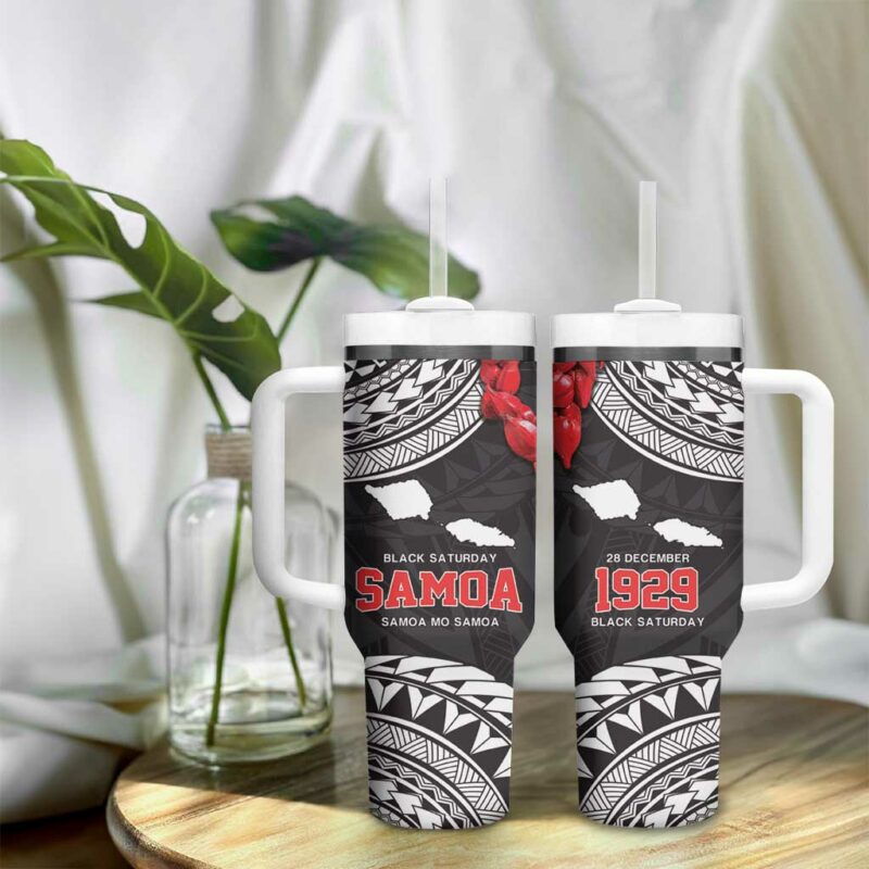 Samoa Black Saturday Samoa mo Samoa with Black Ula Fala Custom Stanley Quencher 40oz Stainless Steel Tumbler With Handle - Threewoofs - Image 9