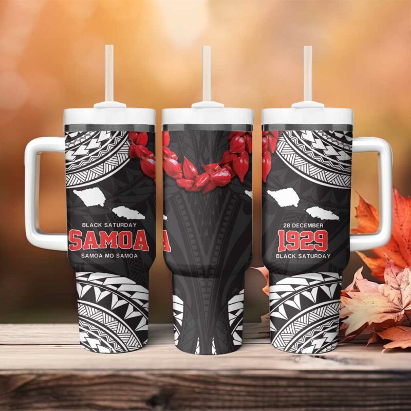 Samoa Black Saturday Samoa mo Samoa with Black Ula Fala Custom Stanley Quencher 40oz Stainless Steel Tumbler With Handle - Threewoofs - Image 4