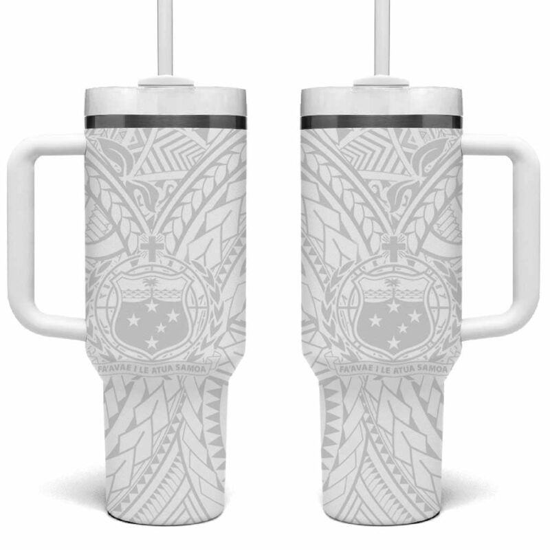 Samoa Lotu Tamaiti Polynesian White Sunday Simple Custom Stanley Quencher 40oz Stainless Steel Tumbler With Handle - Threewoofs