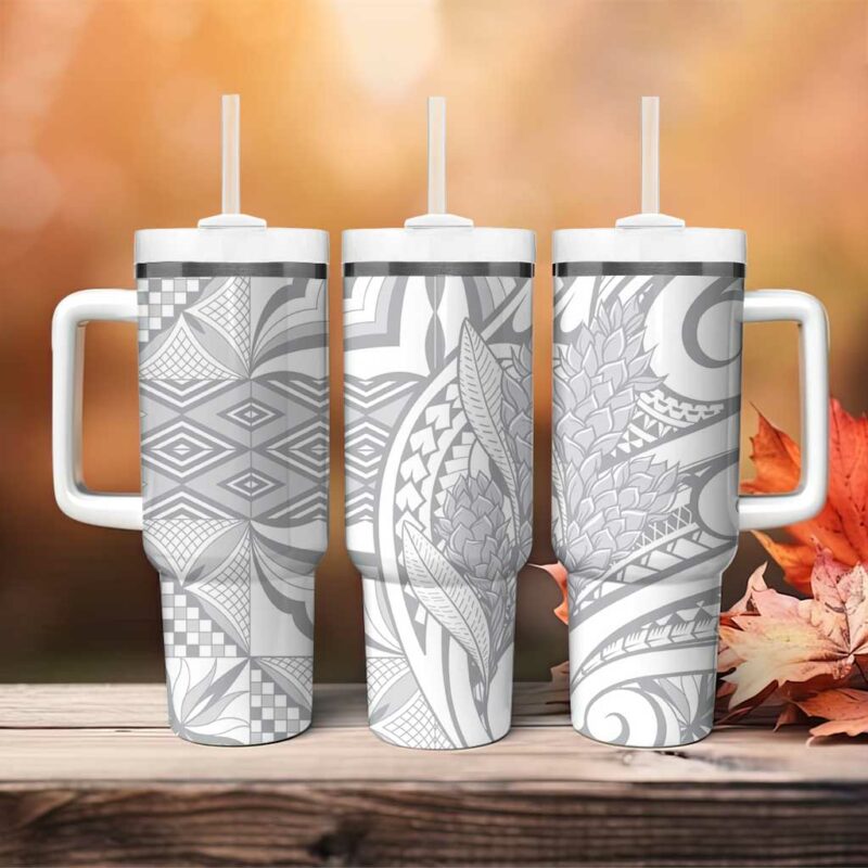 Samoa Lotu Tamaiti White Sunday Siapo With Teuila Torch Ginger Custom Stanley Quencher 40oz Stainless Steel Tumbler With Handle - Threewoofs - Image 4