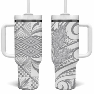 Samoa Lotu Tamaiti White Sunday Siapo With Teuila Torch Ginger Custom Stanley Quencher 40oz Stainless Steel Tumbler With Handle - Threewoofs
