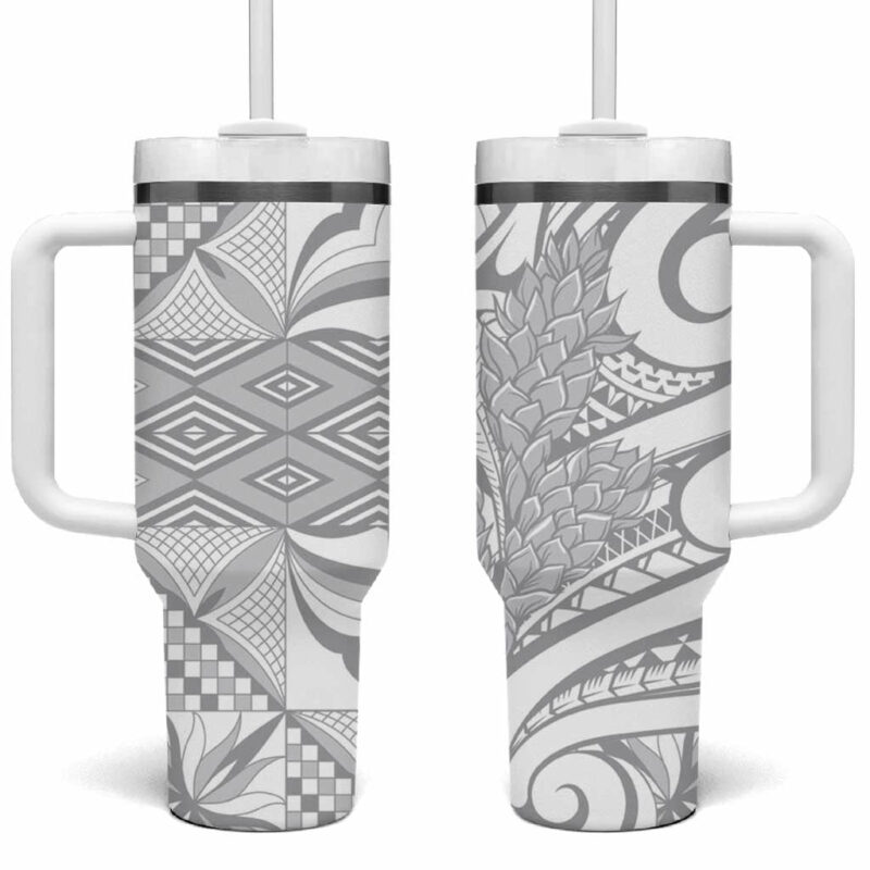 Samoa Lotu Tamaiti White Sunday Siapo With Teuila Torch Ginger Custom Stanley Quencher 40oz Stainless Steel Tumbler With Handle - Threewoofs