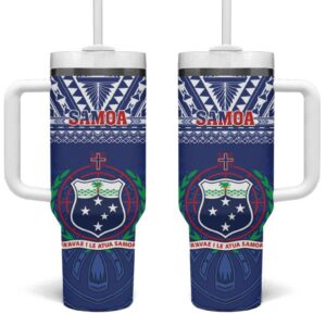 Samoa Rugby Manu Samoa Polynesian Tatoo Custom Stanley Quencher 40oz Stainless Steel Tumbler With Handle - Threewoofs
