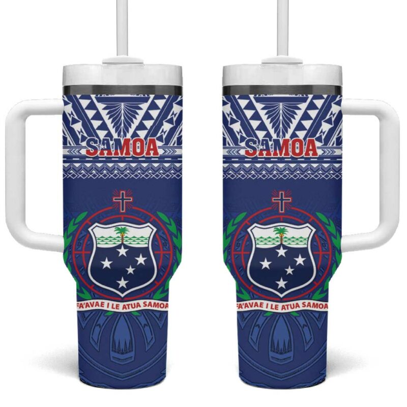 Samoa Rugby Manu Samoa Polynesian Tatoo Custom Stanley Quencher 40oz Stainless Steel Tumbler With Handle - Threewoofs