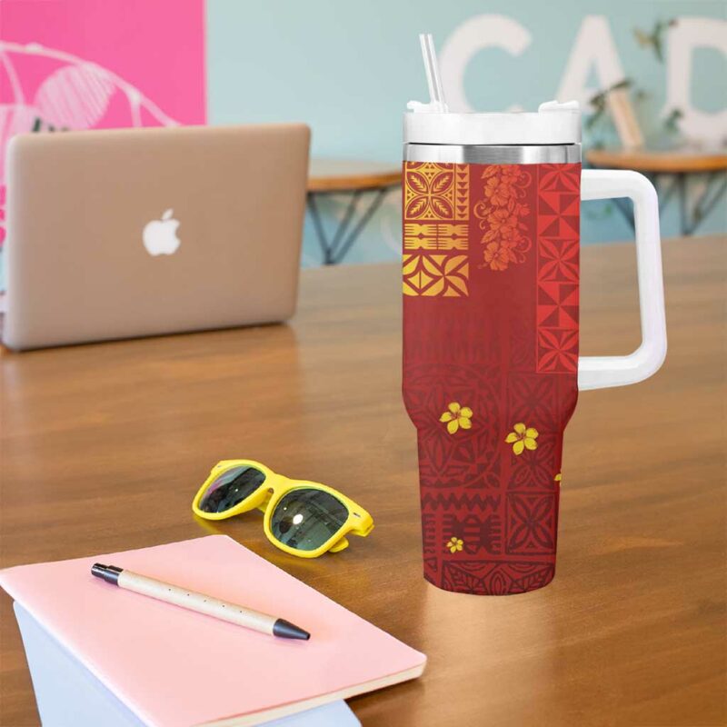 Samoa Tapa Pacific Tribal Hibiscus and Plumeria Custom Stanley Quencher 40oz Stainless Steel Tumbler With Handle - Threewoofs - Image 5