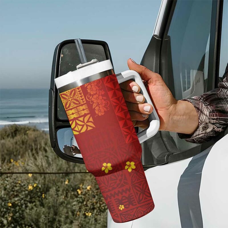 Samoa Tapa Pacific Tribal Hibiscus and Plumeria Custom Stanley Quencher 40oz Stainless Steel Tumbler With Handle - Threewoofs - Image 7